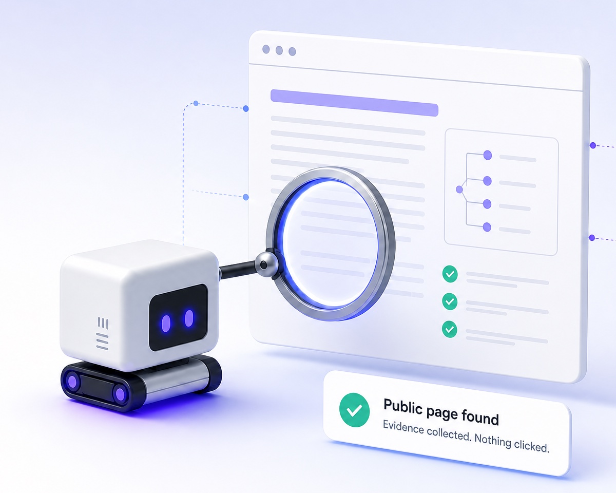 BoostGeo Score Bot inspecting a public webpage with a magnifying lens. The result says: Public page found. Evidence collected. Nothing clicked.